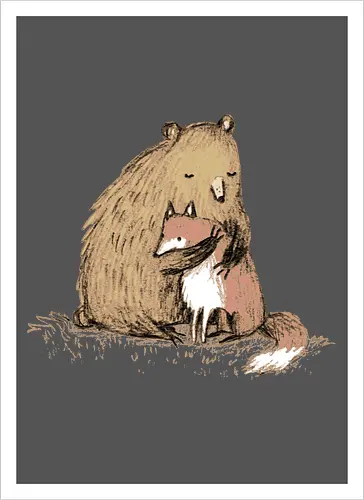 Flauschiger Bär Umarmt Kleinen Fuchs Gemütliche Kunst - Bär umarmt Fuchs, Waldtier Illustration, Bleistift Kunst Erdtöne, warme Tier Umarmung, Bär Fuchs Shirt, künstlerische Tier Illustration, Waldtierfreunde, gemütliche süße Kunst, fürsorglicher Tier Druck, Tier Skizze Illustration, besonderes Tier Geschenk, flauschiger Karamell Bär, süßer weißer orangener Fuchs, Tier Zuneigung Kunst, Tierfreundschaft Geschenk - Kunstdruck