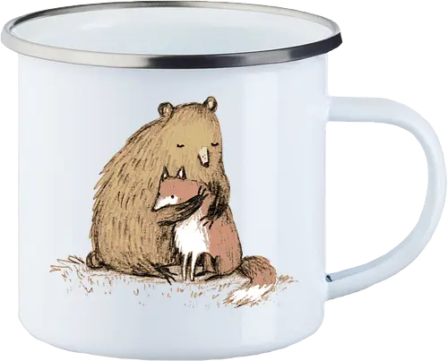 Flauschiger Bär Umarmt Kleinen Fuchs Gemütliche Kunst - Bär umarmt Fuchs, Waldtier Illustration, Bleistift Kunst Erdtöne, warme Tier Umarmung, Bär Fuchs Shirt, künstlerische Tier Illustration, Waldtierfreunde, gemütliche süße Kunst, fürsorglicher Tier Druck, Tier Skizze Illustration, besonderes Tier Geschenk, flauschiger Karamell Bär, süßer weißer orangener Fuchs, Tier Zuneigung Kunst, Tierfreundschaft Geschenk - Emailletasse