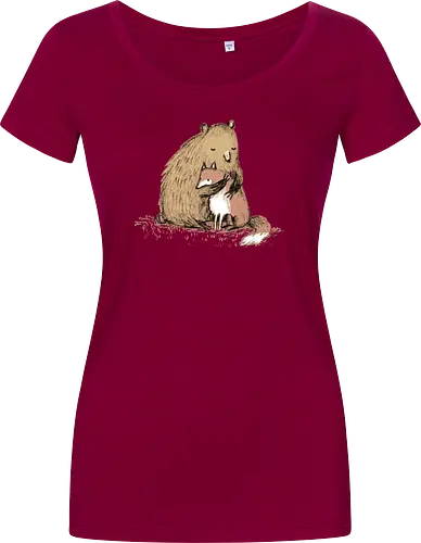 Flauschiger Bär Umarmt Kleinen Fuchs Gemütliche Kunst - Bär umarmt Fuchs, Waldtier Illustration, Bleistift Kunst Erdtöne, warme Tier Umarmung, Bär Fuchs Shirt, künstlerische Tier Illustration, Waldtierfreunde, gemütliche süße Kunst, fürsorglicher Tier Druck, Tier Skizze Illustration, besonderes Tier Geschenk, flauschiger Karamell Bär, süßer weißer orangener Fuchs, Tier Zuneigung Kunst, Tierfreundschaft Geschenk - Damen T-Shirt