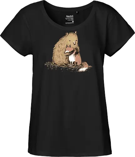Flauschiger Bär Umarmt Kleinen Fuchs Gemütliche Kunst - Bär umarmt Fuchs, Waldtier Illustration, Bleistift Kunst Erdtöne, warme Tier Umarmung, Bär Fuchs Shirt, künstlerische Tier Illustration, Waldtierfreunde, gemütliche süße Kunst, fürsorglicher Tier Druck, Tier Skizze Illustration, besonderes Tier Geschenk, flauschiger Karamell Bär, süßer weißer orangener Fuchs, Tier Zuneigung Kunst, Tierfreundschaft Geschenk - Fairtrade Girl Shirt