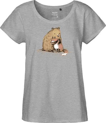 Flauschiger Bär Umarmt Kleinen Fuchs Gemütliche Kunst - Bär umarmt Fuchs, Waldtier Illustration, Bleistift Kunst Erdtöne, warme Tier Umarmung, Bär Fuchs Shirt, künstlerische Tier Illustration, Waldtierfreunde, gemütliche süße Kunst, fürsorglicher Tier Druck, Tier Skizze Illustration, besonderes Tier Geschenk, flauschiger Karamell Bär, süßer weißer orangener Fuchs, Tier Zuneigung Kunst, Tierfreundschaft Geschenk - Fairtrade Girl Shirt