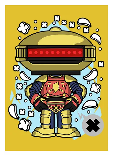 Roboter Scheibenkopf Goldene Rote Rüstung Superheld Pop Art - Roboter goldener Scheibenkopf, Alpha 5, Power Rangers, Gold Ranger, goldene rote Heldenrüstung, Superheld Roboter Pop Art, roter Visier Roboter, 90er Geek Kunst, Roboter Kampfrüstung, Roboter Held Illustration, Geek Nostalgie Druck, goldener Roboter Popkultur, Roboter Held Shirt, bunter Pop Art Roboter, super goldene Rüstung, Blitz Brust Held, Roboter Held Pose, Geek Nostalgie Geschenk - Kunstdruck