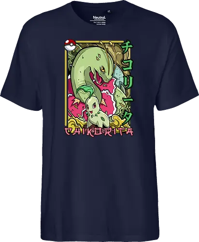 Johto Gras Pocket Duo - Lebendige Traditionelle Japanische Kunst - Johto Gras Pokemon Kunst, Pokemon Entwicklungs Duo, japanische Pokemon Kunst, Ukiyo-e Pokemon Druck, orientalisches Pokemon Design, Starter Pokemon Shirt, lebendige japanische Kunst, traditioneller Pokemon Druck, Gras Pokemon Design, Otaku Pokemon Shirt, Kanji Pokemon Kunst, exklusiver Geek Pokemon Druck, Gen Zwei Pokemon Design, Premium japanische Pokemon Kunst, Nerd Pokemon Shirt - Fairtrade T-Shirt