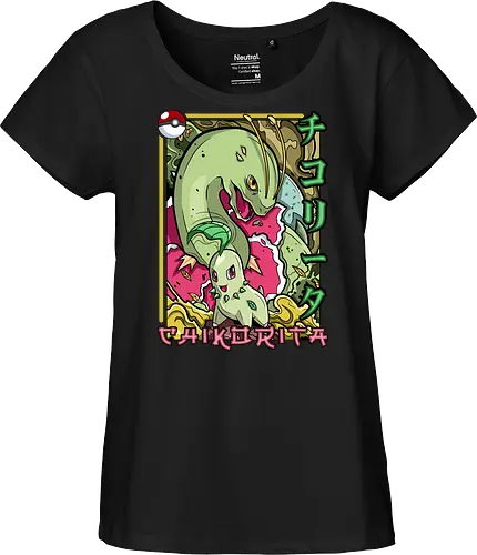 Johto Gras Pocket Duo - Lebendige Traditionelle Japanische Kunst - Johto Gras Pokemon Kunst, Pokemon Entwicklungs Duo, japanische Pokemon Kunst, Ukiyo-e Pokemon Druck, orientalisches Pokemon Design, Starter Pokemon Shirt, lebendige japanische Kunst, traditioneller Pokemon Druck, Gras Pokemon Design, Otaku Pokemon Shirt, Kanji Pokemon Kunst, exklusiver Geek Pokemon Druck, Gen Zwei Pokemon Design, Premium japanische Pokemon Kunst, Nerd Pokemon Shirt - Fairtrade Girl Shirt