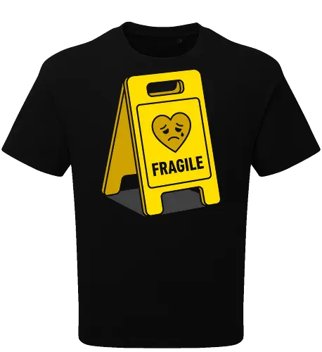 Caution: Fragile Heart Sign - fragile heart shirt, caution sign graphic tee, funny mental health apparel, sad heart streetwear, emotional warning clothing, sarcastic introvert shirt, pop art sign design, relatable aesthetic tee, handle with care merch, quirky graphic fashion - Oversize T-Shirt