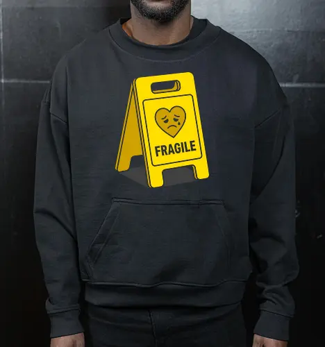 Caution: Fragile Heart Sign - fragile heart shirt, caution sign graphic tee, funny mental health apparel, sad heart streetwear, emotional warning clothing, sarcastic introvert shirt, pop art sign design, relatable aesthetic tee, handle with care merch, quirky graphic fashion - Cropped Sweatshirt