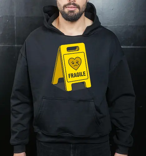 Caution: Fragile Heart Sign - fragile heart shirt, caution sign graphic tee, funny mental health apparel, sad heart streetwear, emotional warning clothing, sarcastic introvert shirt, pop art sign design, relatable aesthetic tee, handle with care merch, quirky graphic fashion - Cropped Hoodie