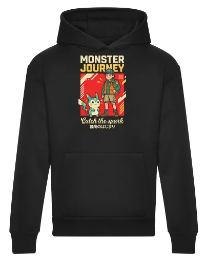 Monster Journey: Catch the Spark - retro gaming shirt, 90s anime apparel, monster catching graphic tee, vintage gamer streetwear, electric mouse design, nostalgic anime clothing, kawaii adventure fashion, Japanese pop art shirt, otaku lifestyle tee, catch the spark graphic - Heavyweight Hoodie