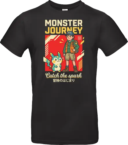 Monster Journey: Catch the Spark - retro gaming shirt, 90s anime apparel, monster catching graphic tee, vintage gamer streetwear, electric mouse design, nostalgic anime clothing, kawaii adventure fashion, Japanese pop art shirt, otaku lifestyle tee, catch the spark graphic - Standard T-Shirt