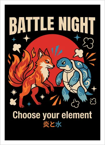 Battle Night: Fire vs. Water - retro gaming shirt, monster battle graphic tee, fire fox apparel, water turtle design, nostalgic 90s gamer streetwear, choose your element clothing, elemental anime fashion, Japanese pop art shirt, vintage video game merch, cute monster fight tee - Kunstdruck