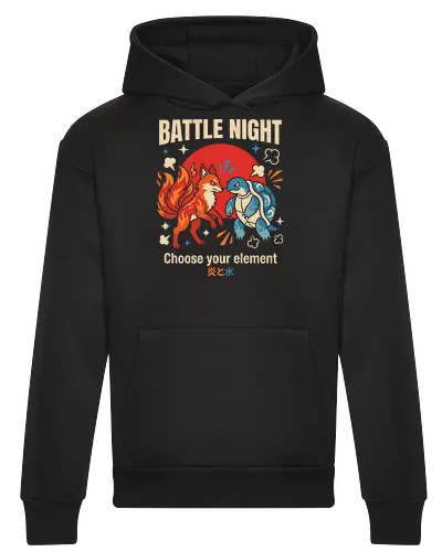 Battle Night: Fire vs. Water - retro gaming shirt, monster battle graphic tee, fire fox apparel, water turtle design, nostalgic 90s gamer streetwear, choose your element clothing, elemental anime fashion, Japanese pop art shirt, vintage video game merch, cute monster fight tee - Heavyweight Hoodie