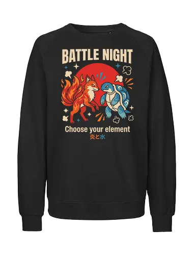 Battle Night: Fire vs. Water - retro gaming shirt, monster battle graphic tee, fire fox apparel, water turtle design, nostalgic 90s gamer streetwear, choose your element clothing, elemental anime fashion, Japanese pop art shirt, vintage video game merch, cute monster fight tee - Fairtrade Sweatshirt