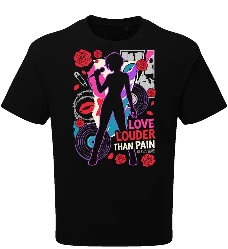 Love Louder: The Punk Rock Rose - Nana inspired shirt, punk rock anime graphic tee, Y2K aesthetic streetwear, shoujo manga apparel, alternative anime clothing, grunge music shirt, retro collage art design, red rose punk merch, negative space anime fashion, female vocalist graphic - Oversize T-Shirt
