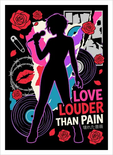 Love Louder: The Punk Rock Rose - Nana inspired shirt, punk rock anime graphic tee, Y2K aesthetic streetwear, shoujo manga apparel, alternative anime clothing, grunge music shirt, retro collage art design, red rose punk merch, negative space anime fashion, female vocalist graphic - Kunstdruck