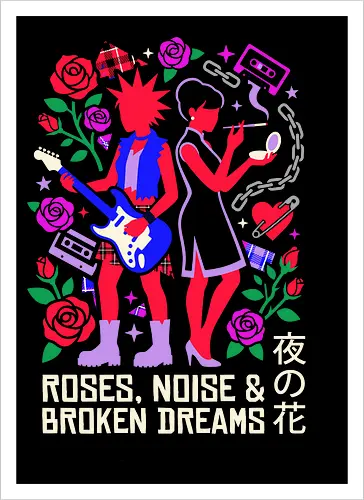 Roses & Noise: The Punk Rock Duo - Nana anime shirt, punk rock manga graphic, Y2K aesthetic streetwear, shoujo anime apparel, retro music clothing, Nana Osaki and Hachi design, red rose punk merch, 2000s nostalgic fashion, alternative otaku tee, aesthetic best friend shirt - Kunstdruck