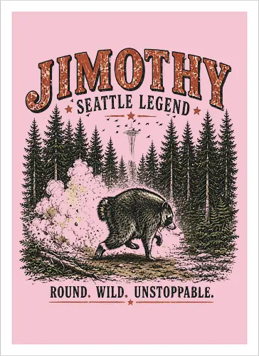 Jimothy Waschbär – Seattle Legende | Wild & Unaufhaltsam - Jimothy Waschbär, Seattle, Waschbär, Seattle Legende, Pacific Northwest, Wald, Wildtier, Space Needle, Vintage Design, Retro Stil, Tiermotiv, Natur, USA, Outdoor, Tierliebhaber - Kunstdruck