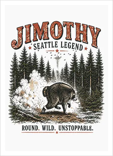 Jimothy Waschbär – Seattle Legende | Wild & Unaufhaltsam - Jimothy Waschbär, Seattle, Waschbär, Seattle Legende, Pacific Northwest, Wald, Wildtier, Space Needle, Vintage Design, Retro Stil, Tiermotiv, Natur, USA, Outdoor, Tierliebhaber - Kunstdruck