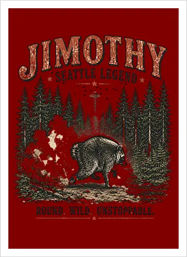 Jimothy Waschbär – Seattle Legende | Wild & Unaufhaltsam - Jimothy Waschbär, Seattle, Waschbär, Seattle Legende, Pacific Northwest, Wald, Wildtier, Space Needle, Vintage Design, Retro Stil, Tiermotiv, Natur, USA, Outdoor, Tierliebhaber - Kunstdruck