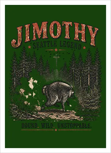 Jimothy Waschbär – Seattle Legende | Wild & Unaufhaltsam - Jimothy Waschbär, Seattle, Waschbär, Seattle Legende, Pacific Northwest, Wald, Wildtier, Space Needle, Vintage Design, Retro Stil, Tiermotiv, Natur, USA, Outdoor, Tierliebhaber - Kunstdruck