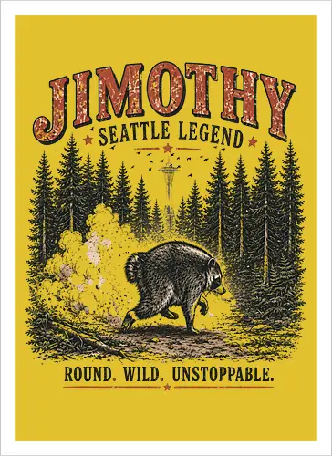 Jimothy Waschbär – Seattle Legende | Wild & Unaufhaltsam - Jimothy Waschbär, Seattle, Waschbär, Seattle Legende, Pacific Northwest, Wald, Wildtier, Space Needle, Vintage Design, Retro Stil, Tiermotiv, Natur, USA, Outdoor, Tierliebhaber - Kunstdruck
