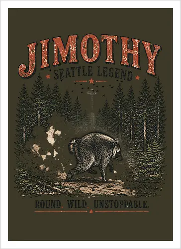 Jimothy Waschbär – Seattle Legende | Wild & Unaufhaltsam - Jimothy Waschbär, Seattle, Waschbär, Seattle Legende, Pacific Northwest, Wald, Wildtier, Space Needle, Vintage Design, Retro Stil, Tiermotiv, Natur, USA, Outdoor, Tierliebhaber - Kunstdruck