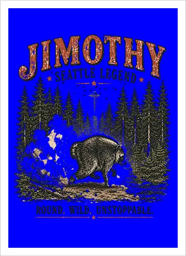 Jimothy Waschbär – Seattle Legende | Wild & Unaufhaltsam - Jimothy Waschbär, Seattle, Waschbär, Seattle Legende, Pacific Northwest, Wald, Wildtier, Space Needle, Vintage Design, Retro Stil, Tiermotiv, Natur, USA, Outdoor, Tierliebhaber - Kunstdruck