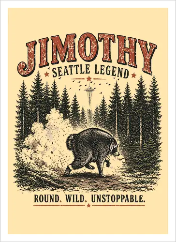 Jimothy Waschbär – Seattle Legende | Wild & Unaufhaltsam - Jimothy Waschbär, Seattle, Waschbär, Seattle Legende, Pacific Northwest, Wald, Wildtier, Space Needle, Vintage Design, Retro Stil, Tiermotiv, Natur, USA, Outdoor, Tierliebhaber - Kunstdruck