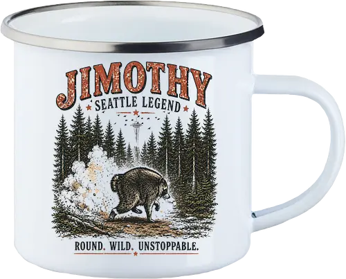 Jimothy Waschbär – Seattle Legende | Wild & Unaufhaltsam - Jimothy Waschbär, Seattle, Waschbär, Seattle Legende, Pacific Northwest, Wald, Wildtier, Space Needle, Vintage Design, Retro Stil, Tiermotiv, Natur, USA, Outdoor, Tierliebhaber - Emailletasse