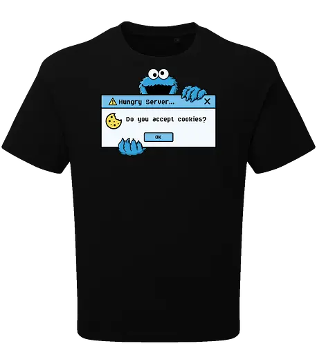 Hungry Server - A funny retro computer-inspired design that reimagines the classic cookie popup with geek humor. Perfect for programmers, developers, gamers, and tech enthusiasts. - Oversize T-Shirt