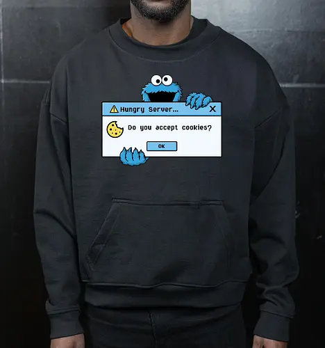 Hungry Server - A funny retro computer-inspired design that reimagines the classic cookie popup with geek humor. Perfect for programmers, developers, gamers, and tech enthusiasts. - Cropped Sweatshirt