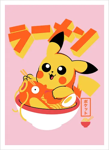 Pocket Ramen - ramen, yellow monster, fish, japanese food, kawaii, anime, noodles, pop culture, Cute, Gaming - Kunstdruck