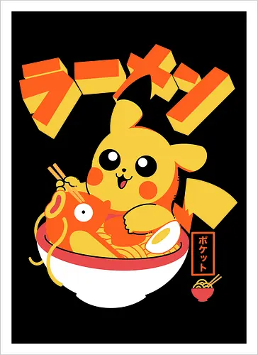 Pocket Ramen - ramen, yellow monster, fish, japanese food, kawaii, anime, noodles, pop culture, Cute, Gaming - Kunstdruck