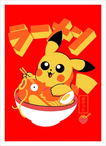 Pocket Ramen - ramen, yellow monster, fish, japanese food, kawaii, anime, noodles, pop culture, Cute, Gaming - Kunstdruck