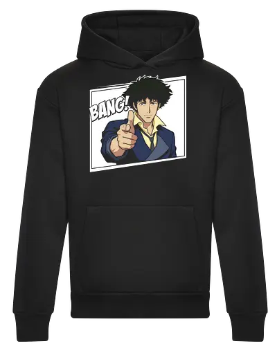 See You Space Cowboy: Minimalist Bang - Spike Spiegel shirt, Cowboy Bebop graphic tee, space cowboy merch, minimalist anime apparel, retro 90s anime streetwear, anime finger gun design, negative space anime art, classic sci-fi manga clothing, neo noir otaku fashion, vintage anime aesthetic - Heavyweight Hoodie