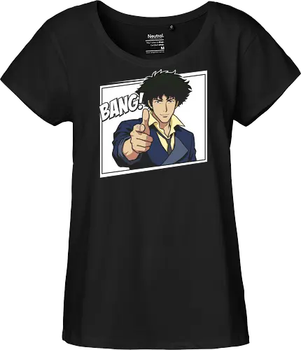 See You Space Cowboy: Minimalist Bang - Spike Spiegel shirt, Cowboy Bebop graphic tee, space cowboy merch, minimalist anime apparel, retro 90s anime streetwear, anime finger gun design, negative space anime art, classic sci-fi manga clothing, neo noir otaku fashion, vintage anime aesthetic - Fairtrade Girl Shirt