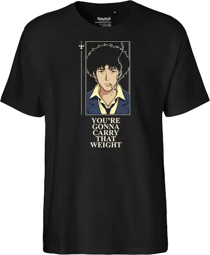 Carry That Weight: The Space Cowboy - Cowboy Bebop shirt, Spike Spiegel merch, carry that weight graphic tee, minimalist anime streetwear, retro 90s anime apparel, space cowboy clothing, aesthetic otaku fashion, neo noir anime design, nostalgic sci-fi tee, negative space anime art - Fairtrade T-Shirt