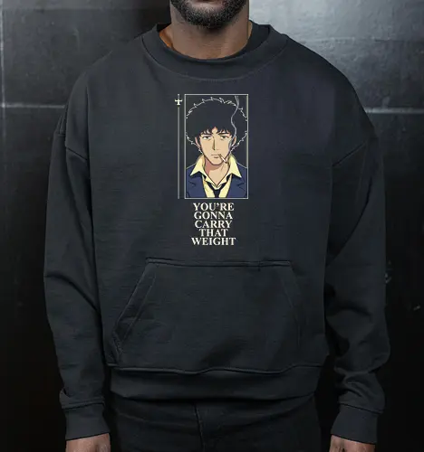 Carry That Weight: The Space Cowboy - Cowboy Bebop shirt, Spike Spiegel merch, carry that weight graphic tee, minimalist anime streetwear, retro 90s anime apparel, space cowboy clothing, aesthetic otaku fashion, neo noir anime design, nostalgic sci-fi tee, negative space anime art - Cropped Sweatshirt