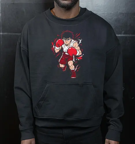 Dempsey Roll: The Fighting Spirit - Hajime no Ippo shirt, anime boxing graphic tee, Dempsey Roll apparel, sports anime streetwear, fighting spirit design, retro shonen manga clothing, gym motivation anime shirt, action pose graphic tee, Makunouchi Ippo merch, aesthetic otaku fashion - Cropped Sweatshirt