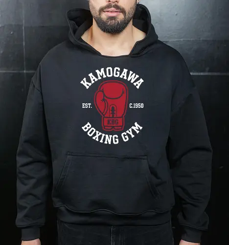 The Kamogawa Spirit: KBG Boxing Glove - Hajime no Ippo shirt, Kamogawa Boxing Gym merch, KBG boxing glove graphic, anime gym apparel, sports anime streetwear, minimalist otaku clothing, boxing workout tee, shonen manga fashion, retro boxing design, subtle anime merch - Cropped Hoodie