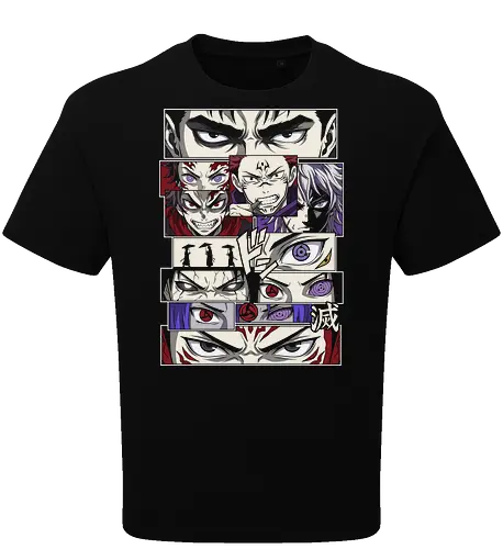 Visions of Power: Shonen Manga Panels - anime eyes shirt, manga panel graphic tee, shonen crossover apparel, anime streetwear fashion, aesthetic otaku clothing, Dojutsu eye design, anime heroes and villains, manga collage shirt, Japanese comic aesthetic, epic anime mashup tee - Oversize T-Shirt