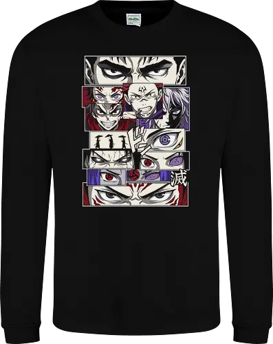 Visions of Power: Shonen Manga Panels - anime eyes shirt, manga panel graphic tee, shonen crossover apparel, anime streetwear fashion, aesthetic otaku clothing, Dojutsu eye design, anime heroes and villains, manga collage shirt, Japanese comic aesthetic, epic anime mashup tee - Sweatshirt