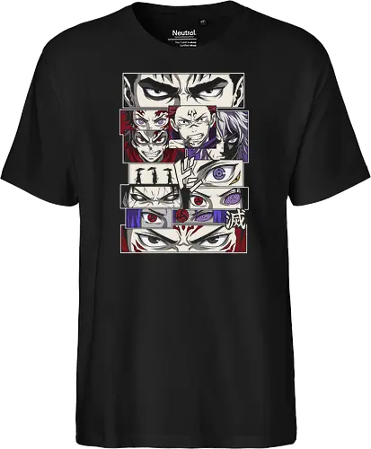 Visions of Power: Shonen Manga Panels - anime eyes shirt, manga panel graphic tee, shonen crossover apparel, anime streetwear fashion, aesthetic otaku clothing, Dojutsu eye design, anime heroes and villains, manga collage shirt, Japanese comic aesthetic, epic anime mashup tee - Fairtrade T-Shirt