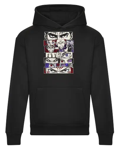 Visions of Power: Shonen Manga Panels - anime eyes shirt, manga panel graphic tee, shonen crossover apparel, anime streetwear fashion, aesthetic otaku clothing, Dojutsu eye design, anime heroes and villains, manga collage shirt, Japanese comic aesthetic, epic anime mashup tee - Heavyweight Hoodie