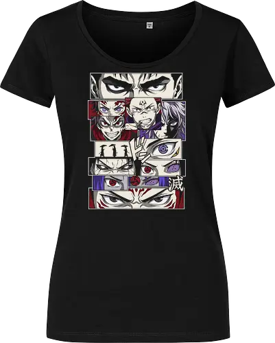 Visions of Power: Shonen Manga Panels - anime eyes shirt, manga panel graphic tee, shonen crossover apparel, anime streetwear fashion, aesthetic otaku clothing, Dojutsu eye design, anime heroes and villains, manga collage shirt, Japanese comic aesthetic, epic anime mashup tee - Damen T-Shirt