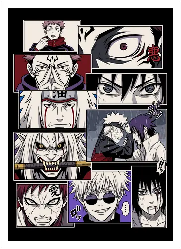 Clash of Eras: Legendary Manga Panels - anime manga panel shirt, shonen crossover graphic tee, aesthetic otaku streetwear, classic anime rivalry merch, modern anime character clothing, Japanese comic page design, minimalist manga fashion, epic anime moments shirt, ninja and sorcerer apparel, retro anime aesthetic tee - Kunstdruck