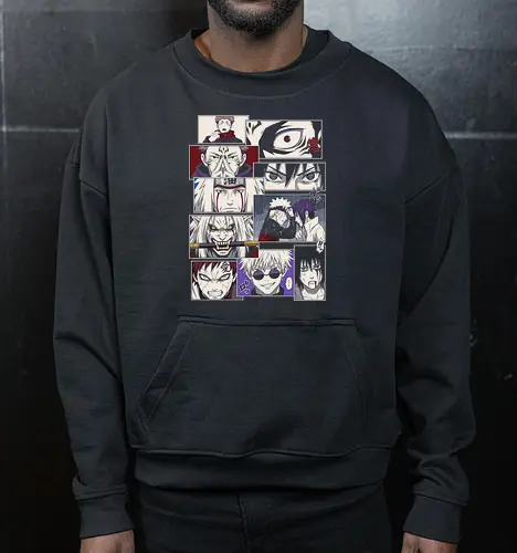 Clash of Eras: Legendary Manga Panels - anime manga panel shirt, shonen crossover graphic tee, aesthetic otaku streetwear, classic anime rivalry merch, modern anime character clothing, Japanese comic page design, minimalist manga fashion, epic anime moments shirt, ninja and sorcerer apparel, retro anime aesthetic tee - Cropped Sweatshirt
