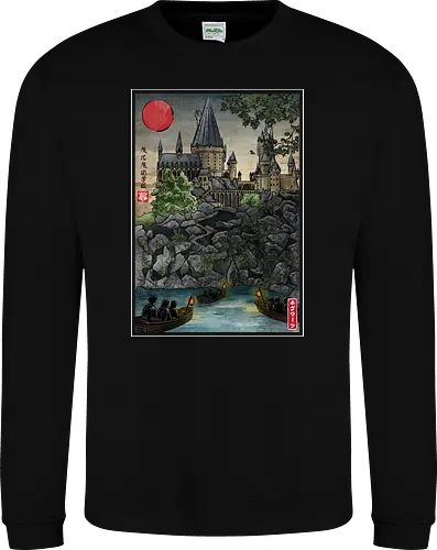 School of witchcraft and wizard woodblock - fantasy, wizard, ukiyo e, howarts, magic, castle, series, japanese art - Sweatshirt