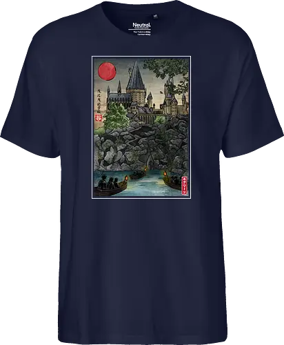 School of witchcraft and wizard woodblock - fantasy, wizard, ukiyo e, howarts, magic, castle, series, japanese art - Fairtrade T-Shirt