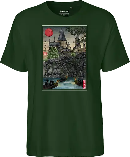 School of witchcraft and wizard woodblock - fantasy, wizard, ukiyo e, howarts, magic, castle, series, japanese art - Fairtrade T-Shirt