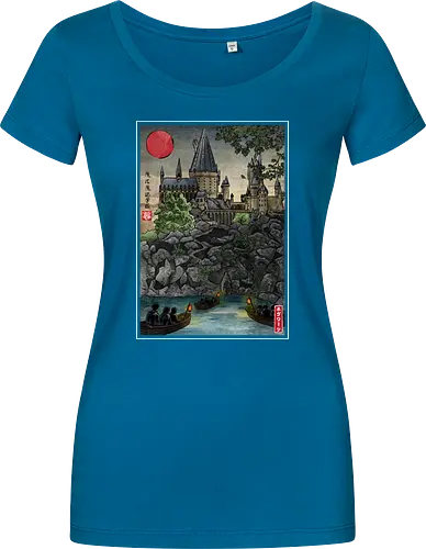 School of witchcraft and wizard woodblock - fantasy, wizard, ukiyo e, howarts, magic, castle, series, japanese art - Damen T-Shirt